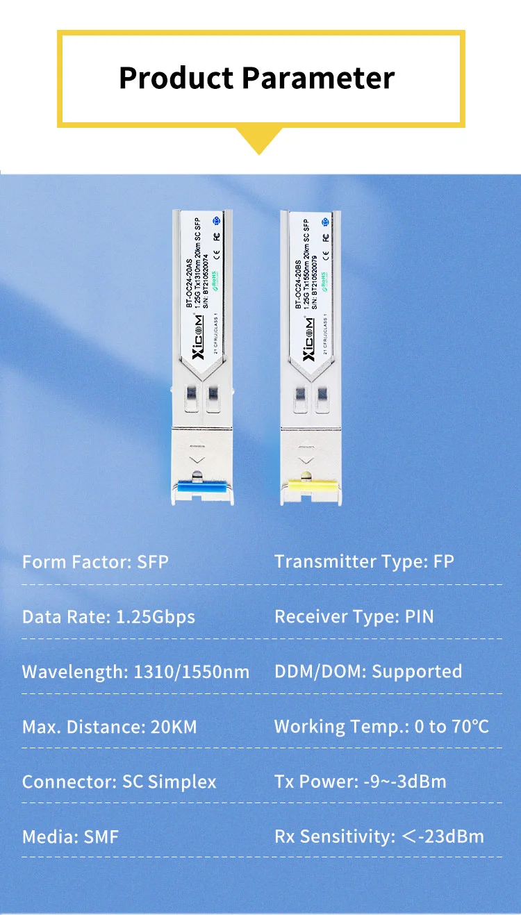 Gigabit SFP Module 1.25G SC Simplex Connector Optical Fiber Module Single Fiber 1310/1550nm for Cisco GLC-BX-D,Ubiquiti Mikrotik