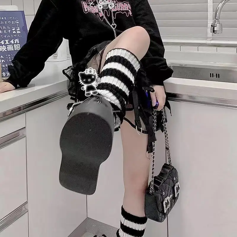 Y2k Goth Lolita Girls Cute Striped Knit Leg Warmers JK Uniform Gothic Women Leggings Gaiters Knee Knitted Cuffs Ankle Warmer