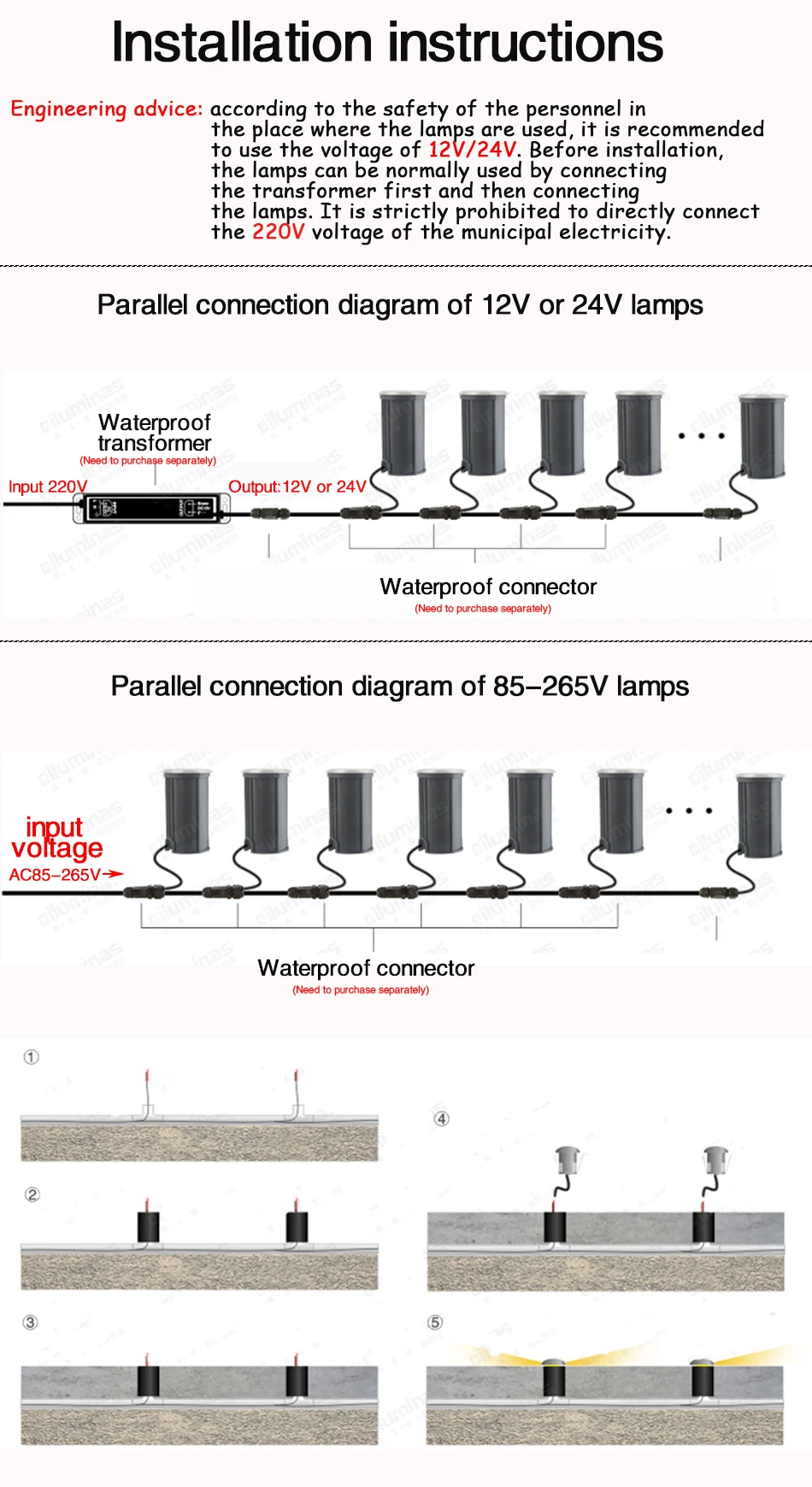 5W 3W 1W Waterproof LED Underground Light Outdoor Ground Garden Path Floor Buried Yard Spot Landscape IP67 DC12V AC220V