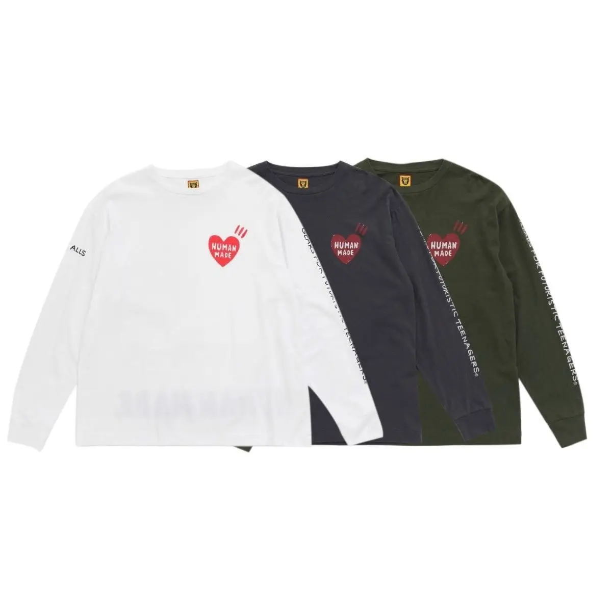 HUMAN MADE Heart Letter Print Long Sleeve T Shirt Crewneck 100% Cotton Unisex