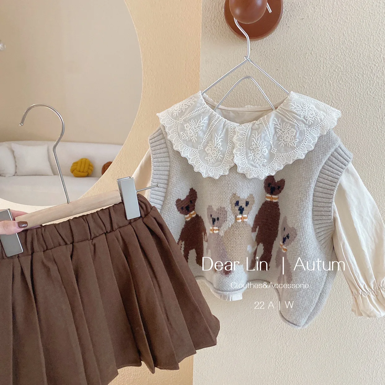 Girls Sweet Suits Autumn Outfit Baby College Spring  Pleated Skirt+Sweater Vest+Shirt 3Pcs Sets Kids