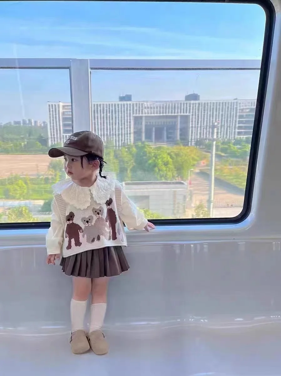 Girls Sweet Suits Autumn Outfit Baby College Spring  Pleated Skirt+Sweater Vest+Shirt 3Pcs Sets Kids