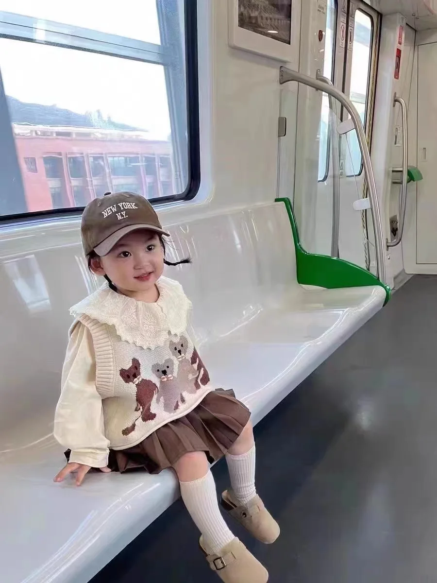 Girls Sweet Suits Autumn Outfit Baby College Spring  Pleated Skirt+Sweater Vest+Shirt 3Pcs Sets Kids