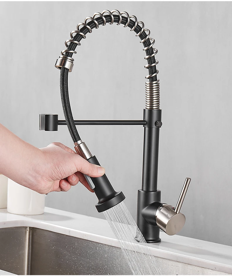 Deck Mounted Flexible Kitchen Faucets Pull Out Mixer Tap Black Hot Cold Kitchen Faucet Spring Style with Spray Mixers Taps E9009