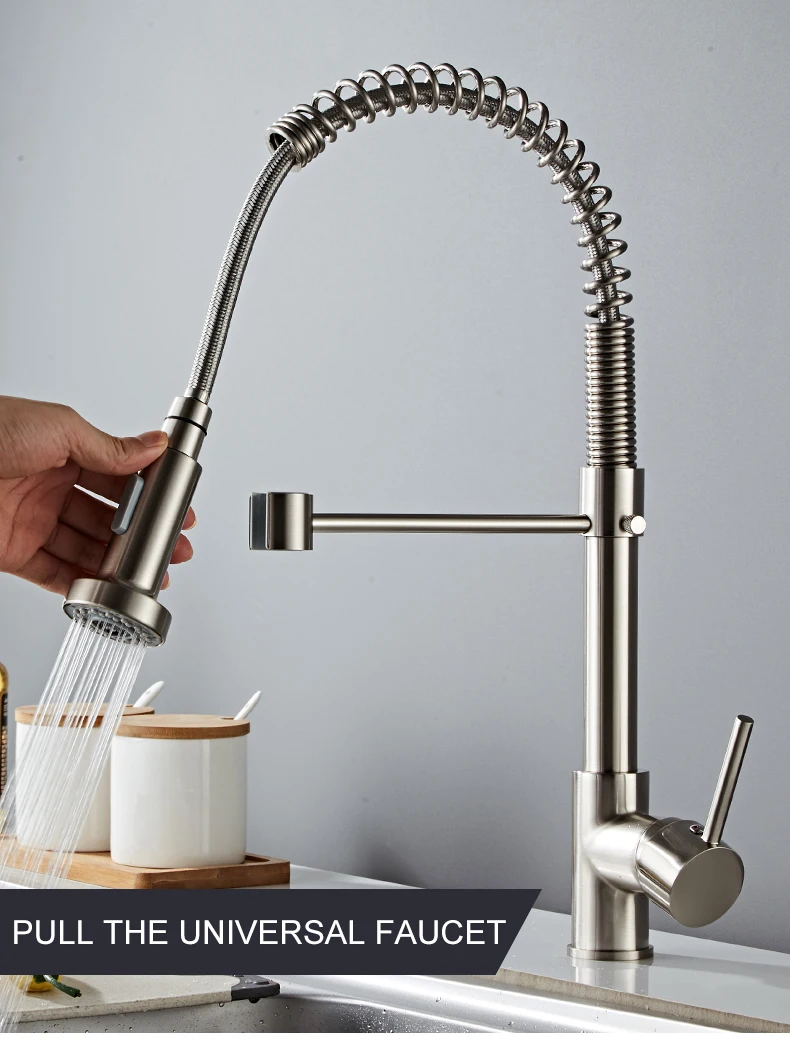 Deck Mounted Flexible Kitchen Faucets Pull Out Mixer Tap Black Hot Cold Kitchen Faucet Spring Style with Spray Mixers Taps E9009