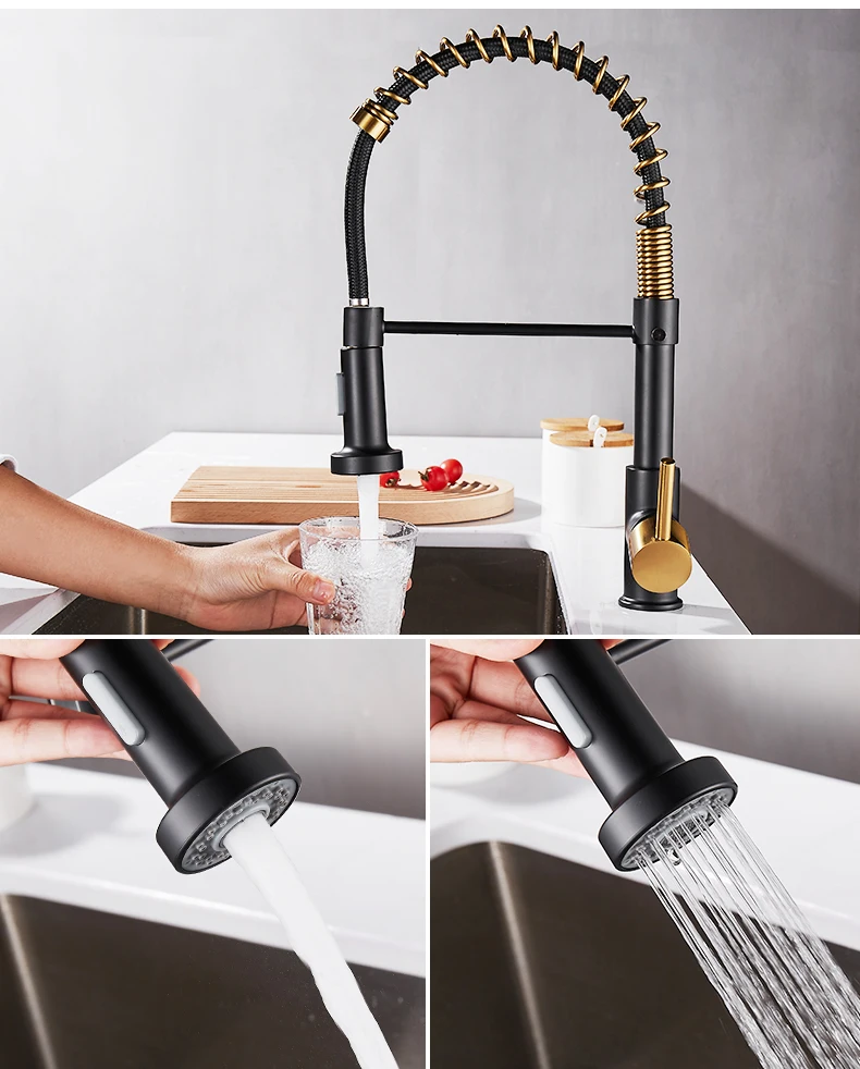 Deck Mounted Flexible Kitchen Faucets Pull Out Mixer Tap Black Hot Cold Kitchen Faucet Spring Style with Spray Mixers Taps E9009