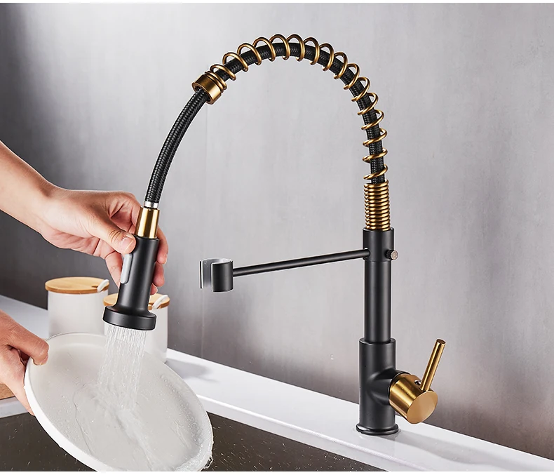 Deck Mounted Flexible Kitchen Faucets Pull Out Mixer Tap Black Hot Cold Kitchen Faucet Spring Style with Spray Mixers Taps E9009