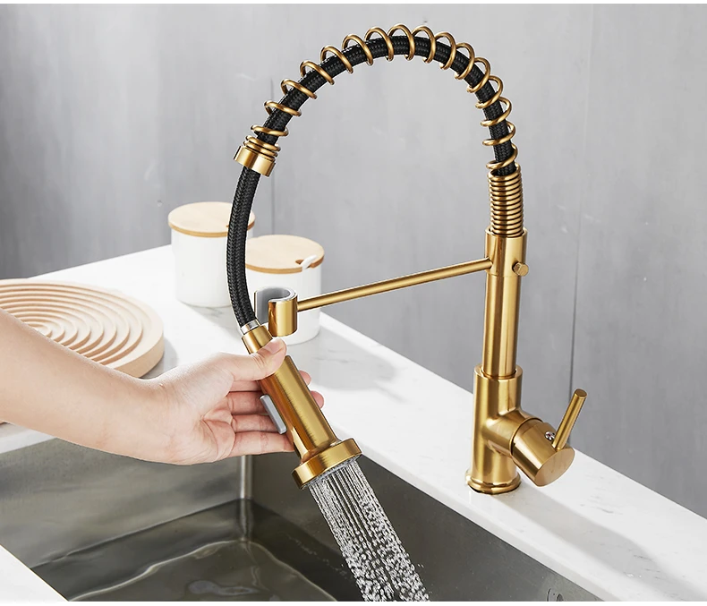 Deck Mounted Flexible Kitchen Faucets Pull Out Mixer Tap Black Hot Cold Kitchen Faucet Spring Style with Spray Mixers Taps E9009