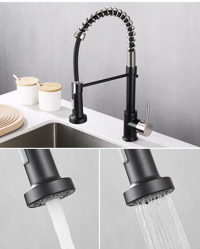 Deck Mounted Flexible Kitchen Faucets Pull Out Mixer Tap Black Hot Cold Kitchen Faucet Spring Style with Spray Mixers Taps E9009