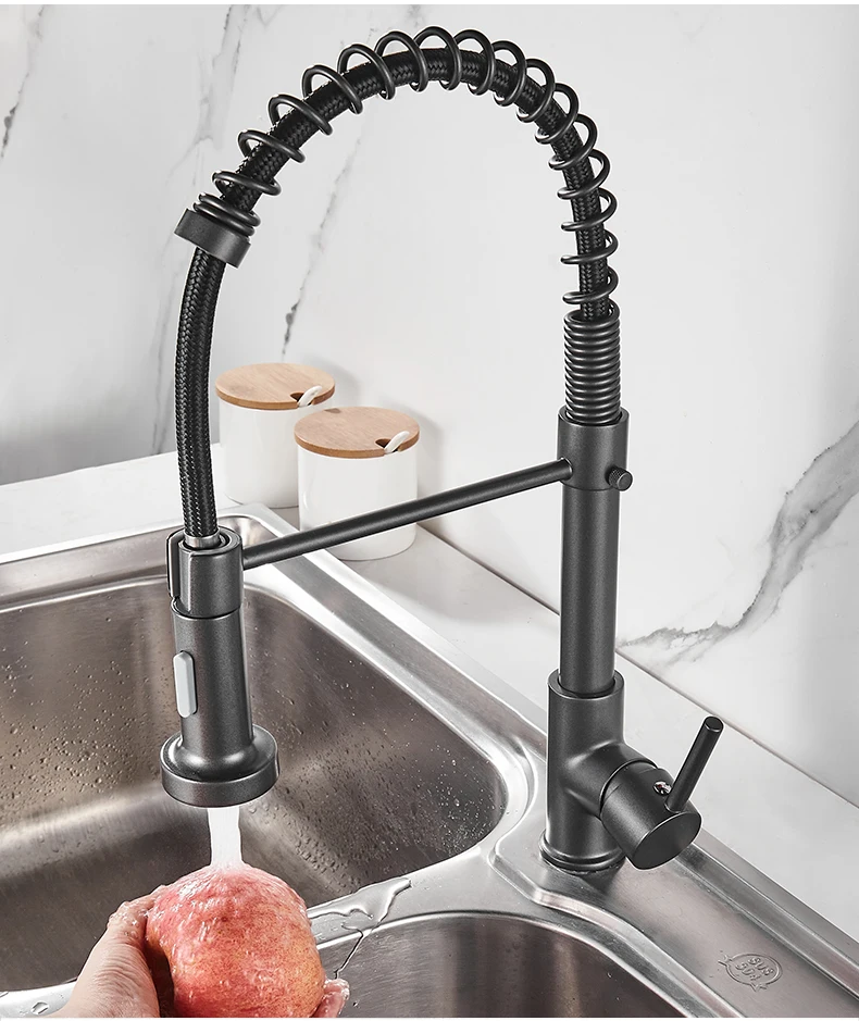 Deck Mounted Flexible Kitchen Faucets Pull Out Mixer Tap Black Hot Cold Kitchen Faucet Spring Style with Spray Mixers Taps E9009