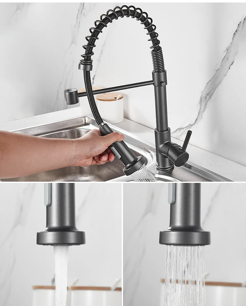 Deck Mounted Flexible Kitchen Faucets Pull Out Mixer Tap Black Hot Cold Kitchen Faucet Spring Style with Spray Mixers Taps E9009
