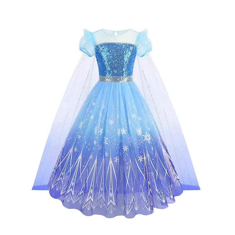 Kids Girls Ice Snow Princess Fancy Sequin Costume Dress Cape Full Accessory for Halloween Birthday Cosplay Theme Party Outfit
