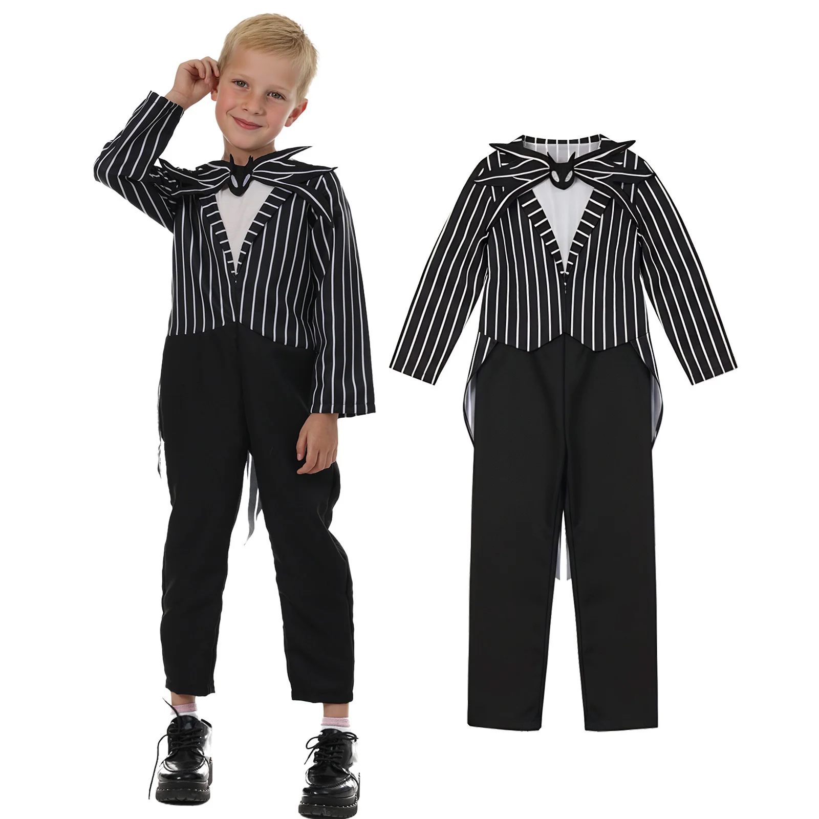 Kids Gothic Skeleton Stitched Doll Cosplay Set Striped Costume Patchwork Dress Wig Choker Halloween Carnival Party Outfit