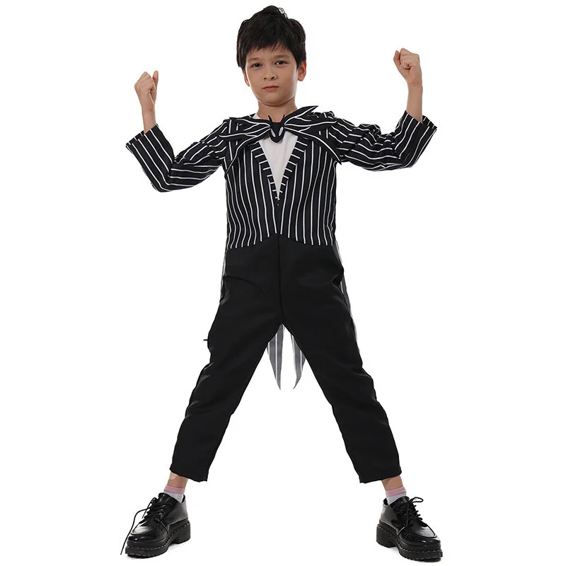 Kids Gothic Skeleton Stitched Doll Cosplay Set Striped Costume Patchwork Dress Wig Choker Halloween Carnival Party Outfit