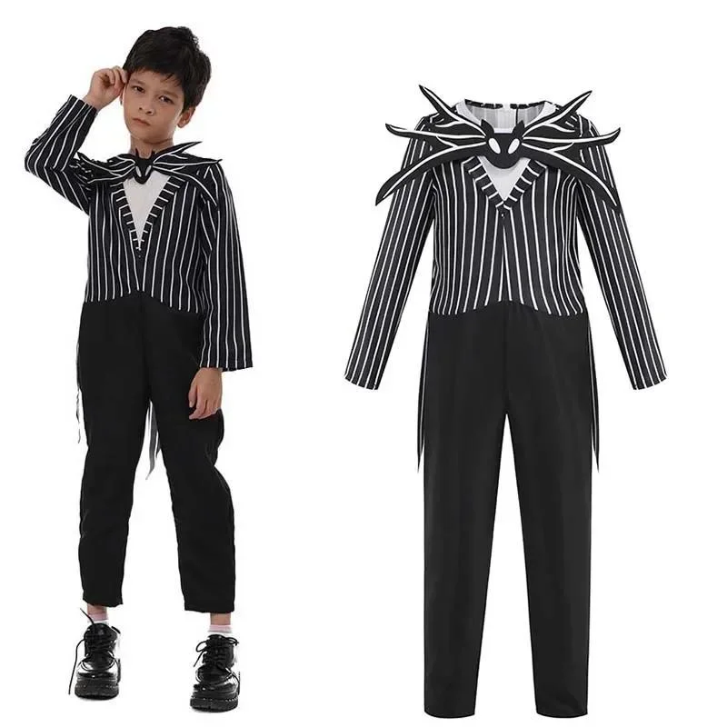 Kids Gothic Skeleton Stitched Doll Cosplay Set Striped Costume Patchwork Dress Wig Choker Halloween Carnival Party Outfit