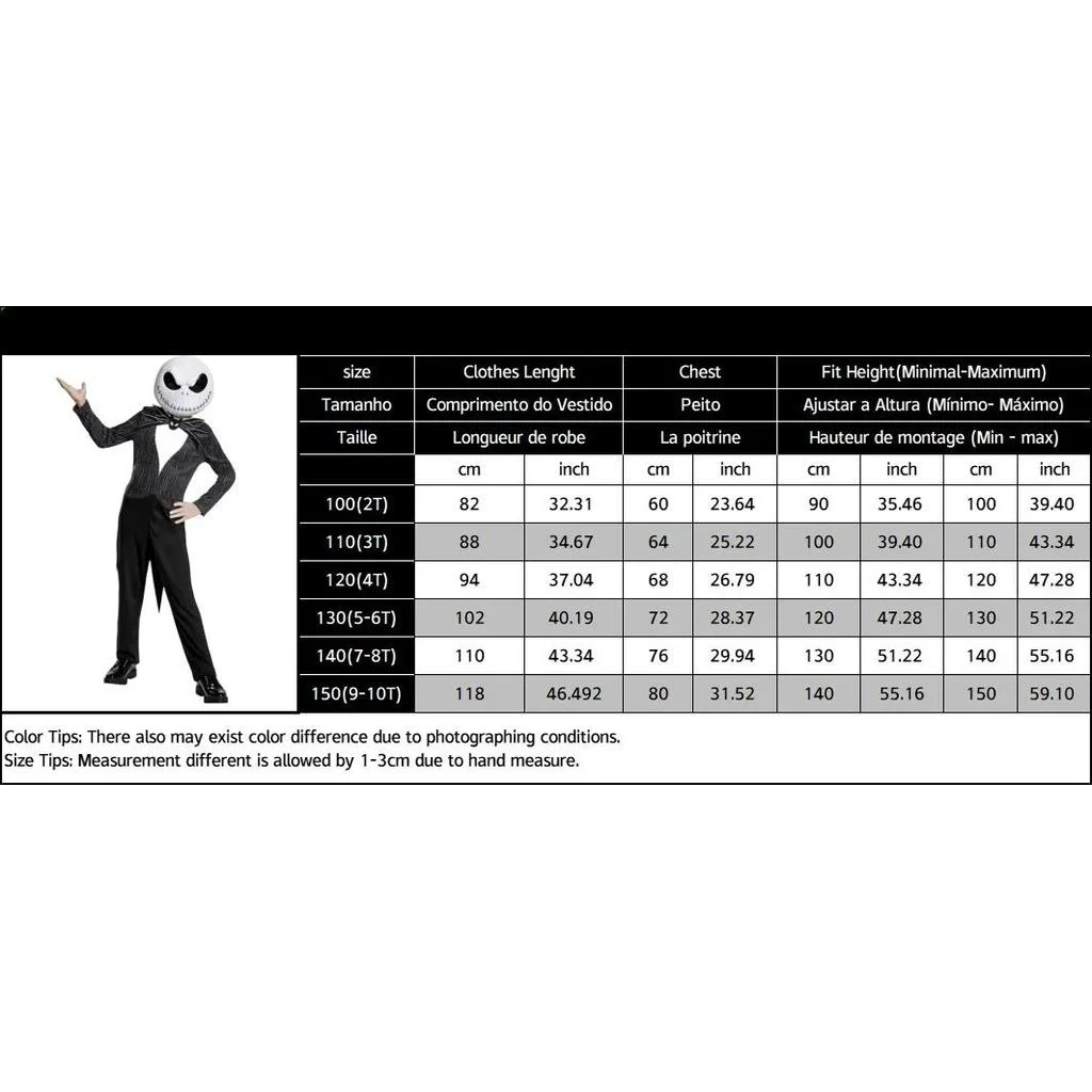 Kids Gothic Skeleton Stitched Doll Cosplay Set Striped Costume Patchwork Dress Wig Choker Halloween Carnival Party Outfit