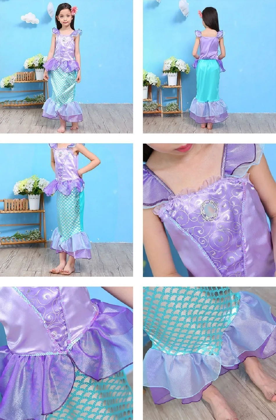 Girls Little Mermaid Costume Kids Birthday Halloween Princess Girl Dress Children Summer Ariel Party Clothes for Carnival 3-10T