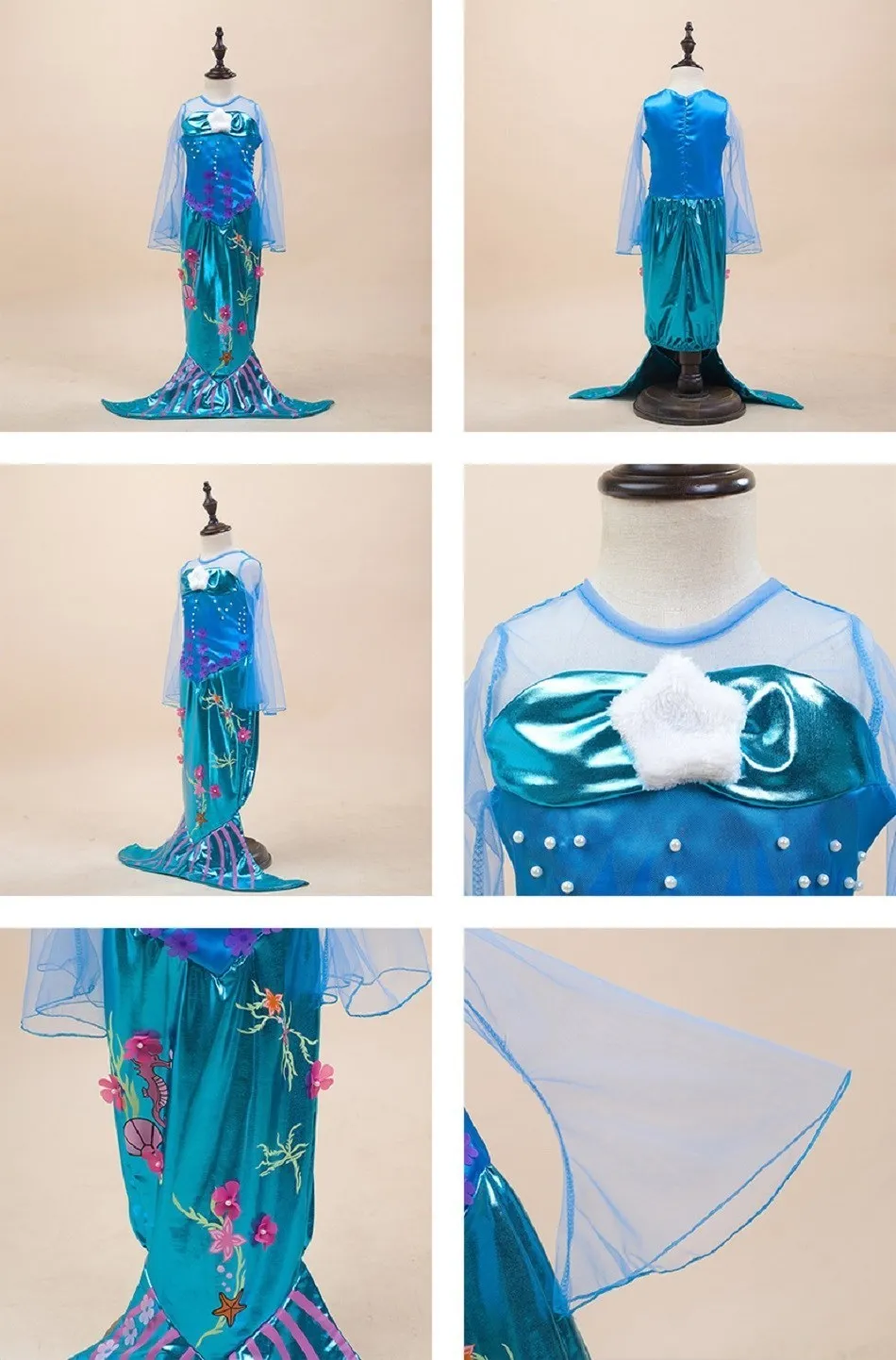 Girls Little Mermaid Costume Kids Birthday Halloween Princess Girl Dress Children Summer Ariel Party Clothes for Carnival 3-10T