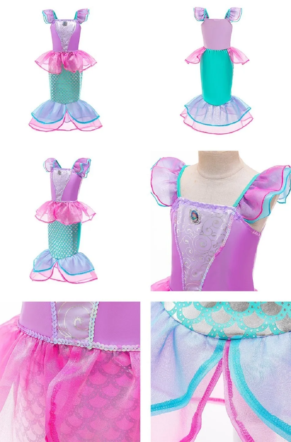 Girls Little Mermaid Costume Kids Birthday Halloween Princess Girl Dress Children Summer Ariel Party Clothes for Carnival 3-10T
