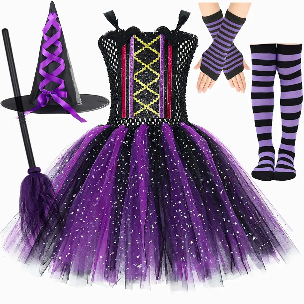 Kids Sparkle Purple Black Bat Witch Costumes Girls Halloween Tutu Dress with Cape Hat Broom Children Carnival Party Fancy Outfit