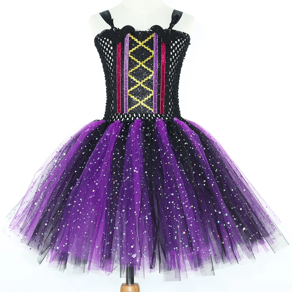 Kids Sparkle Purple Black Bat Witch Costumes Girls Halloween Tutu Dress with Cape Hat Broom Children Carnival Party Fancy Outfit