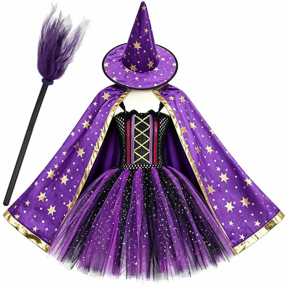 Kids Sparkle Purple Black Bat Witch Costumes Girls Halloween Tutu Dress with Cape Hat Broom Children Carnival Party Fancy Outfit