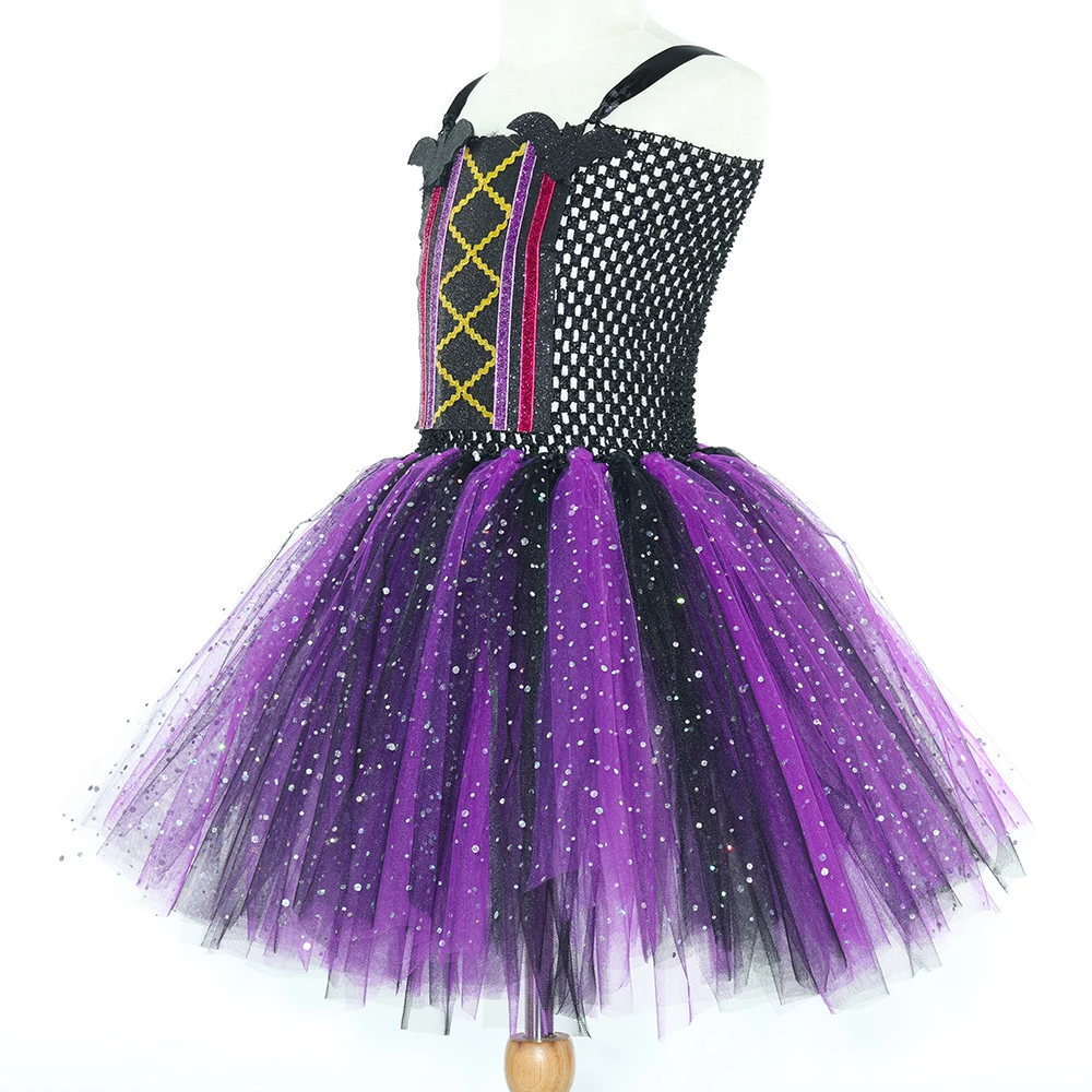 Kids Sparkle Purple Black Bat Witch Costumes Girls Halloween Tutu Dress with Cape Hat Broom Children Carnival Party Fancy Outfit