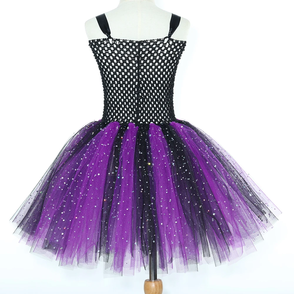 Kids Sparkle Purple Black Bat Witch Costumes Girls Halloween Tutu Dress with Cape Hat Broom Children Carnival Party Fancy Outfit
