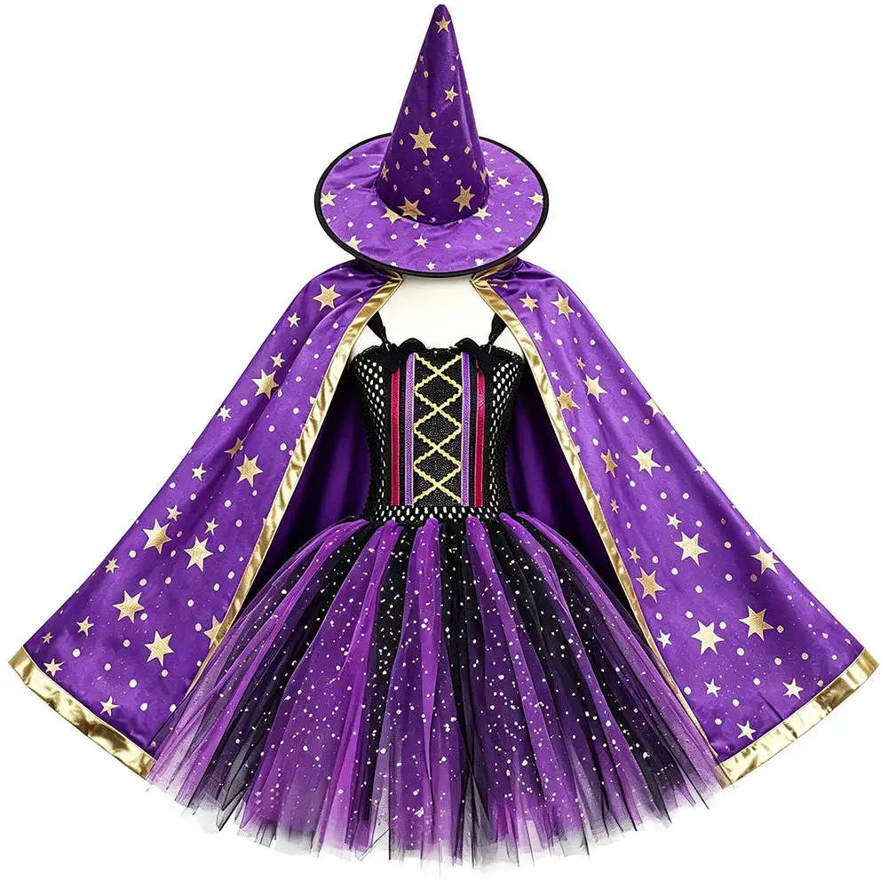 Kids Sparkle Purple Black Bat Witch Costumes Girls Halloween Tutu Dress with Cape Hat Broom Children Carnival Party Fancy Outfit