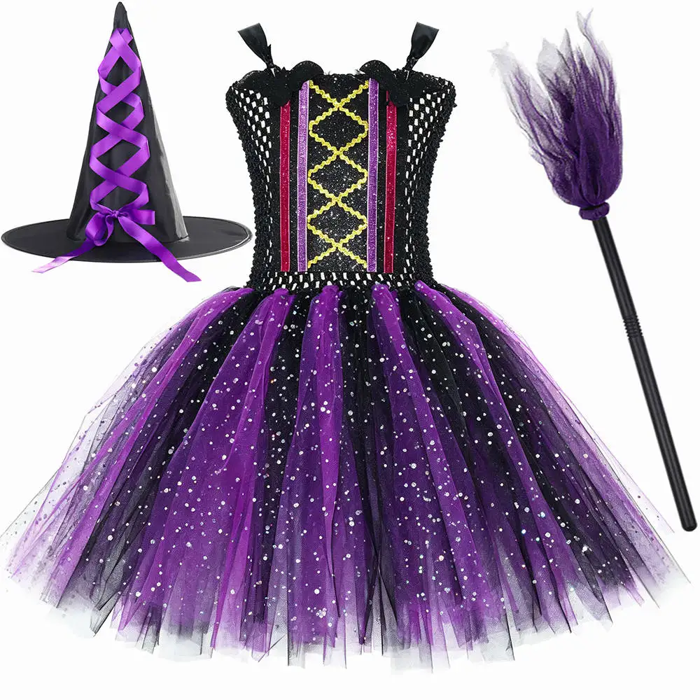 Kids Sparkle Purple Black Bat Witch Costumes Girls Halloween Tutu Dress with Cape Hat Broom Children Carnival Party Fancy Outfit