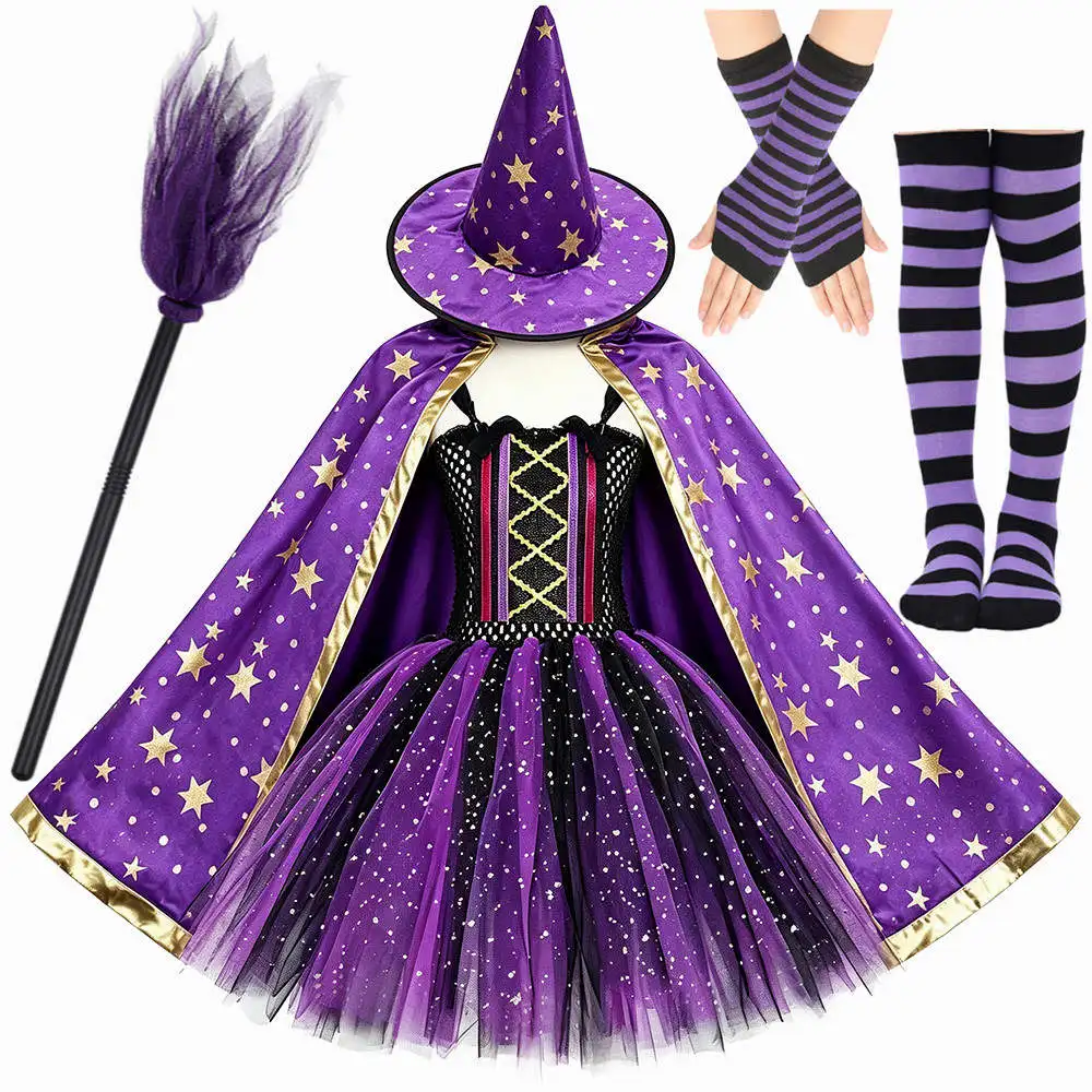 Kids Sparkle Purple Black Bat Witch Costumes Girls Halloween Tutu Dress with Cape Hat Broom Children Carnival Party Fancy Outfit