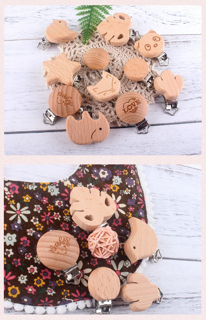 1Pcs Cute Modelling Beech Wood Pacifier Clip Baby DIY Cartoon Animal Wooden Log Pacifier Clips Nipple Chain Holder BPA Free