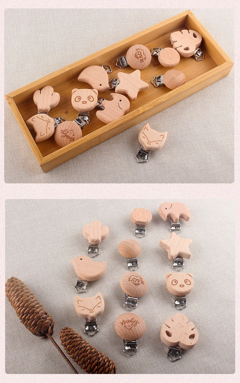 1Pcs Cute Modelling Beech Wood Pacifier Clip Baby DIY Cartoon Animal Wooden Log Pacifier Clips Nipple Chain Holder BPA Free