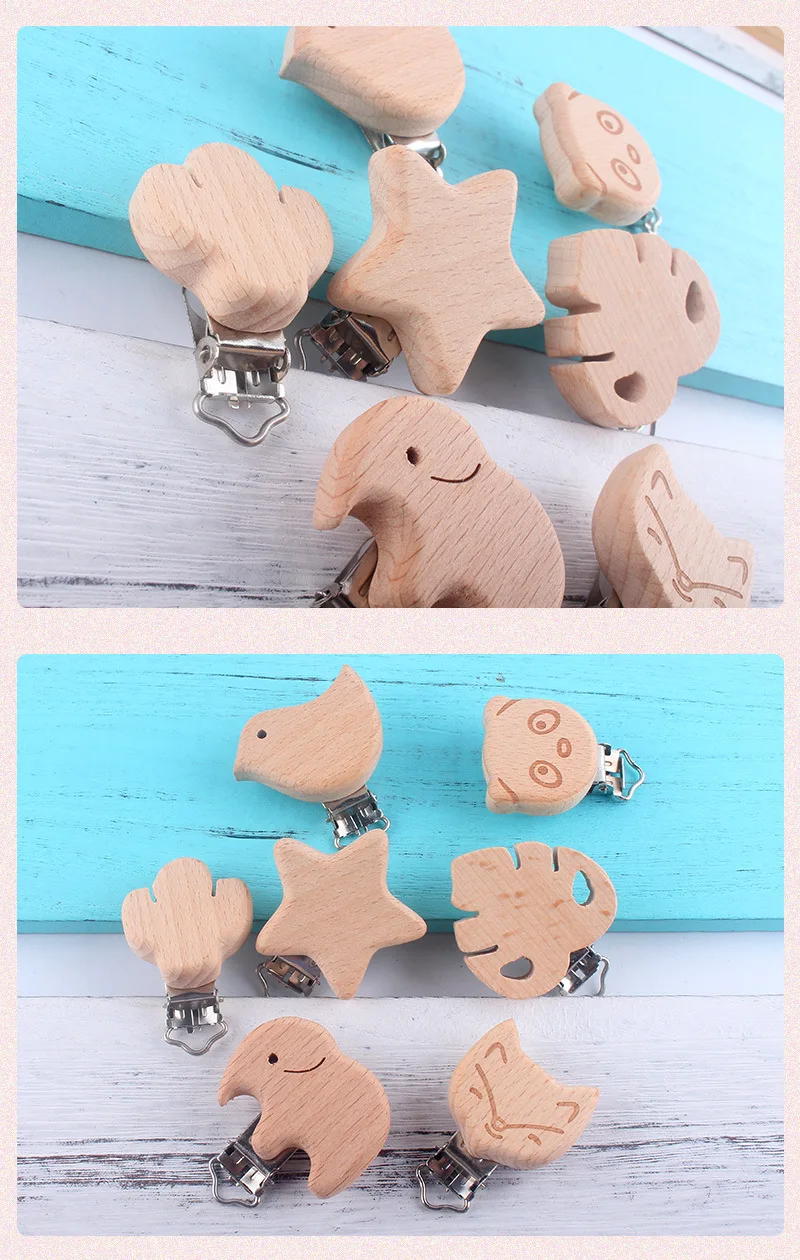 1Pcs Cute Modelling Beech Wood Pacifier Clip Baby DIY Cartoon Animal Wooden Log Pacifier Clips Nipple Chain Holder BPA Free