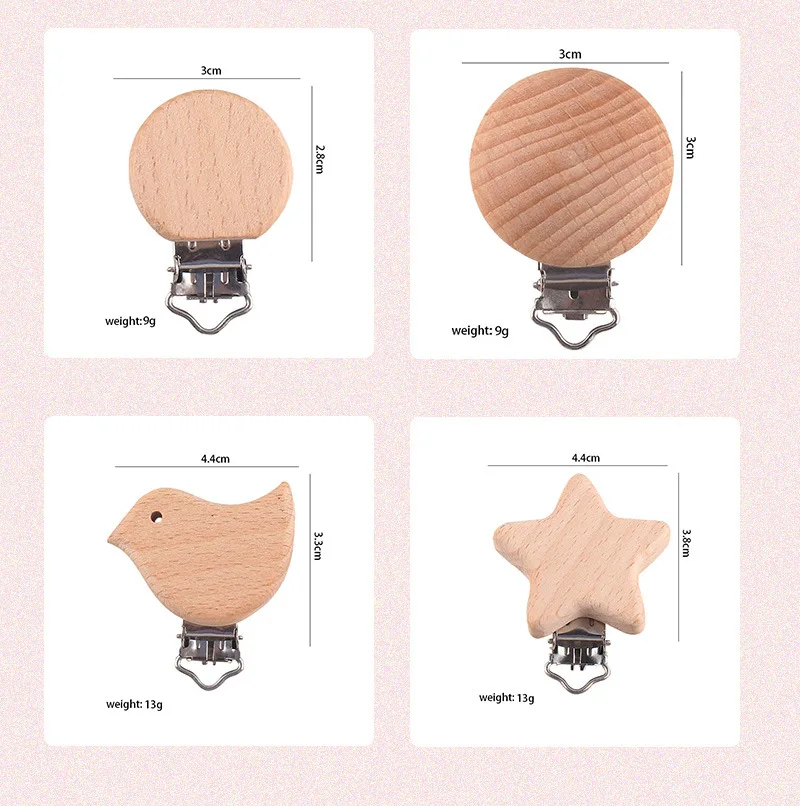 1Pcs Cute Modelling Beech Wood Pacifier Clip Baby DIY Cartoon Animal Wooden Log Pacifier Clips Nipple Chain Holder BPA Free