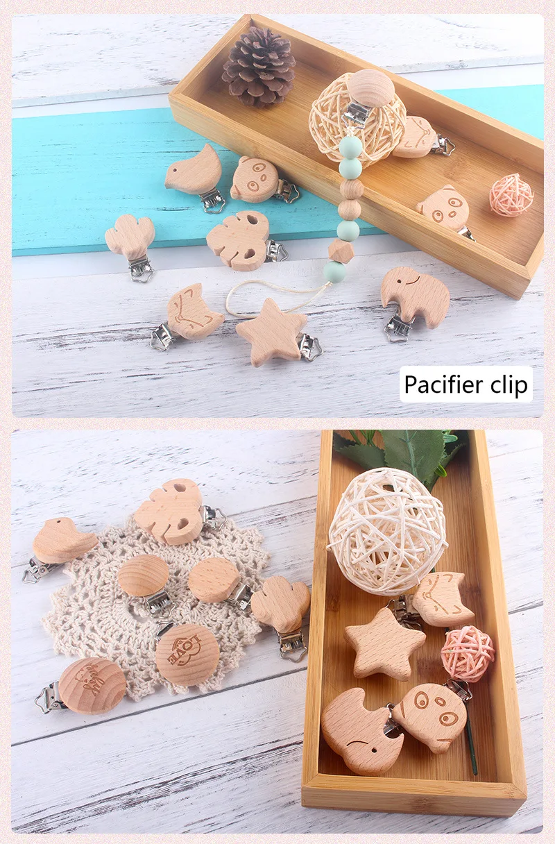 1Pcs Cute Modelling Beech Wood Pacifier Clip Baby DIY Cartoon Animal Wooden Log Pacifier Clips Nipple Chain Holder BPA Free