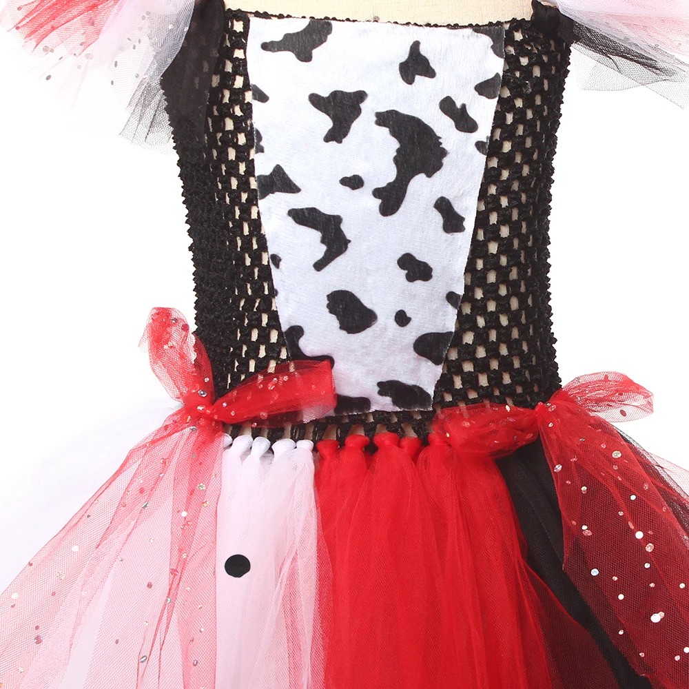Deluxe Cruella Inspired Tutu Dress for Grils Evil Villain Halloween Costume Dalmatians Dog Black White Kids Fancy Cosplay Dress