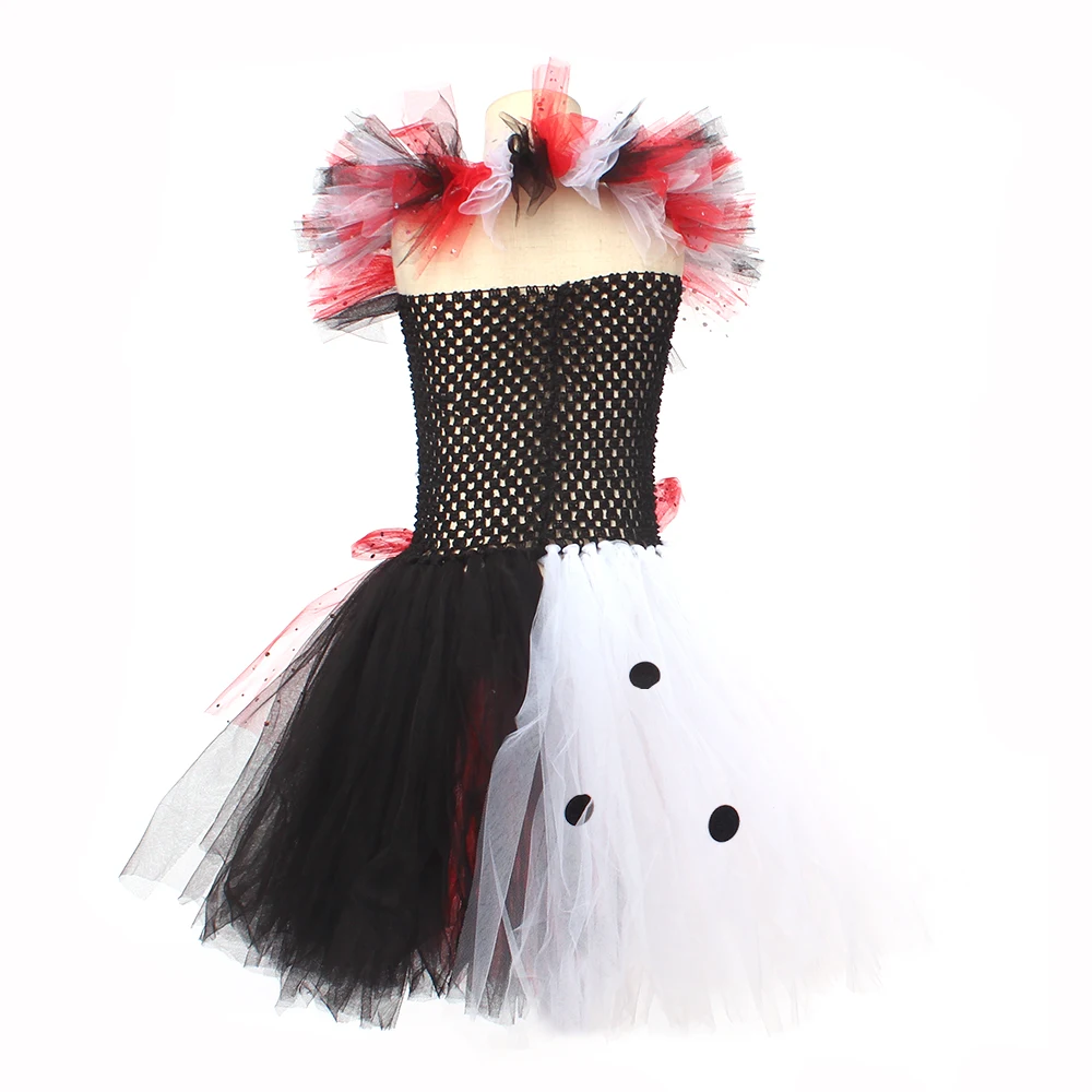 Deluxe Cruella Inspired Tutu Dress for Grils Evil Villain Halloween Costume Dalmatians Dog Black White Kids Fancy Cosplay Dress