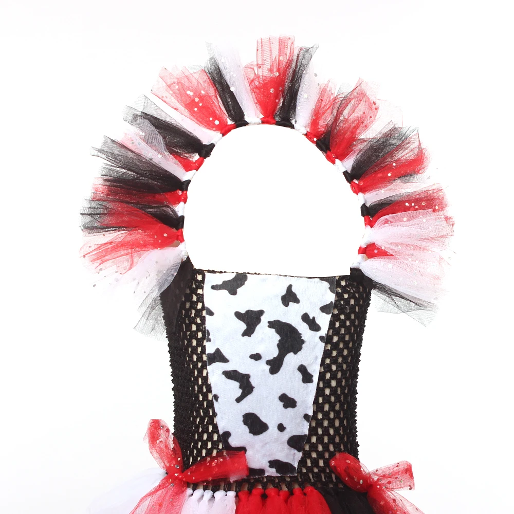 Deluxe Cruella Inspired Tutu Dress for Grils Evil Villain Halloween Costume Dalmatians Dog Black White Kids Fancy Cosplay Dress