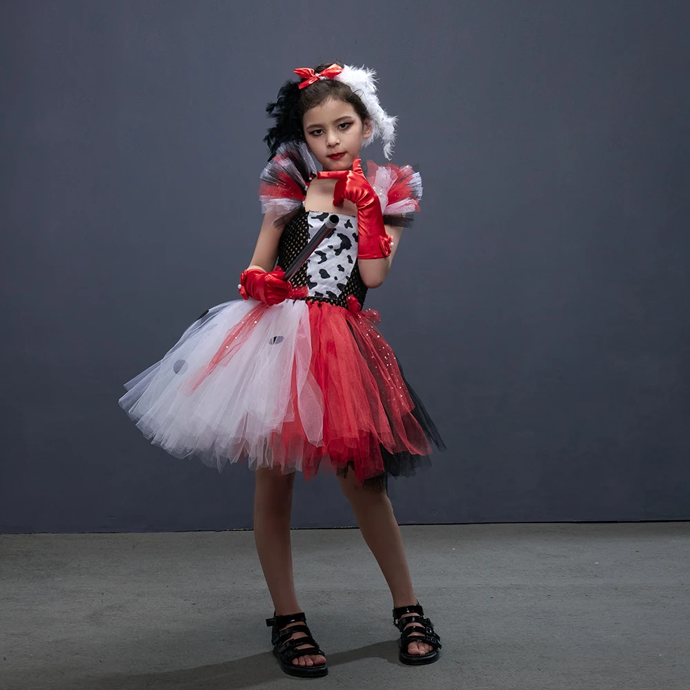 Deluxe Cruella Inspired Tutu Dress for Grils Evil Villain Halloween Costume Dalmatians Dog Black White Kids Fancy Cosplay Dress