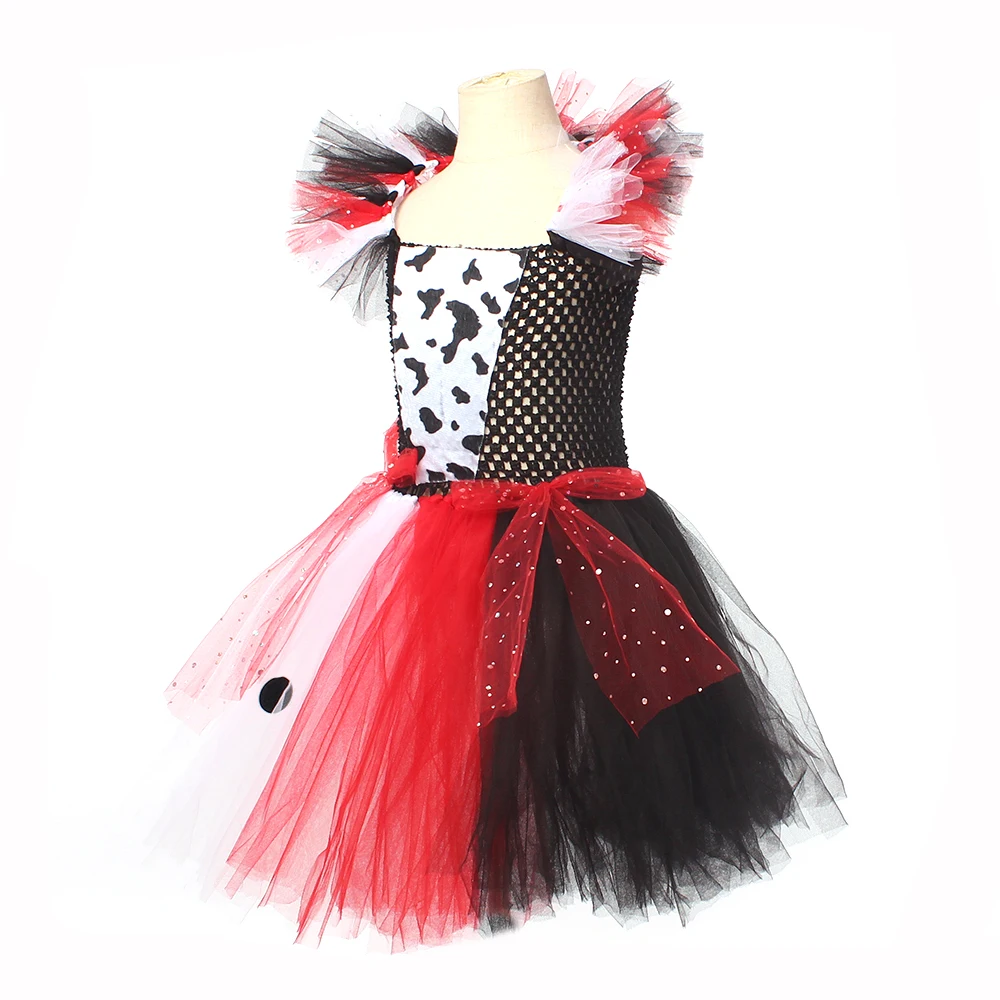 Deluxe Cruella Inspired Tutu Dress for Grils Evil Villain Halloween Costume Dalmatians Dog Black White Kids Fancy Cosplay Dress