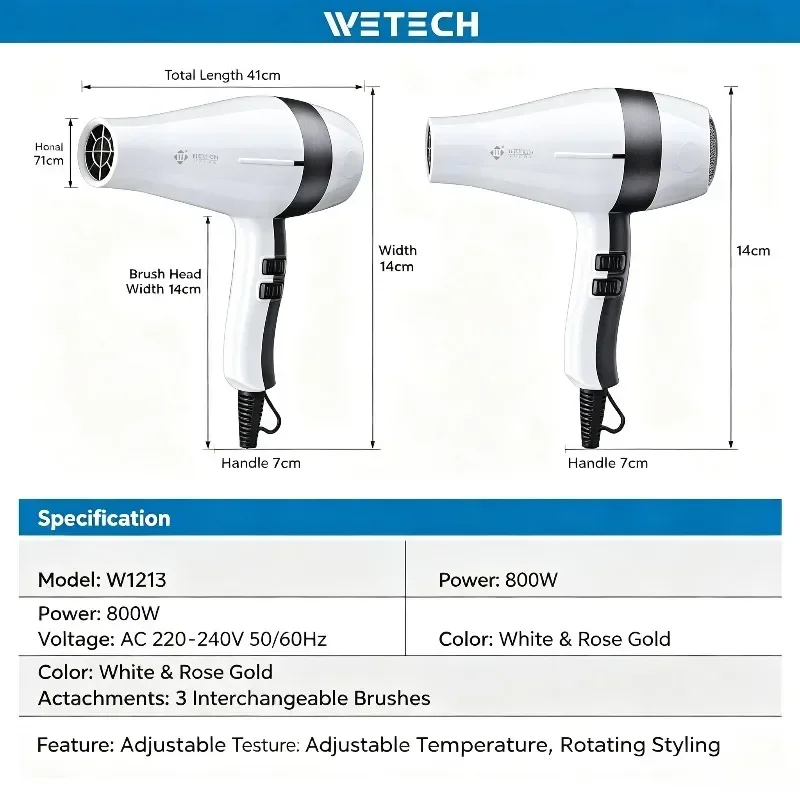 WETECH 2000W Professional Negative Ionic Hair Dryer Adjustable Temperature Speed Blow Dryer With Concentrator Nozzle Home Salon Hair Styling Tool 100-240V Dual Voltage