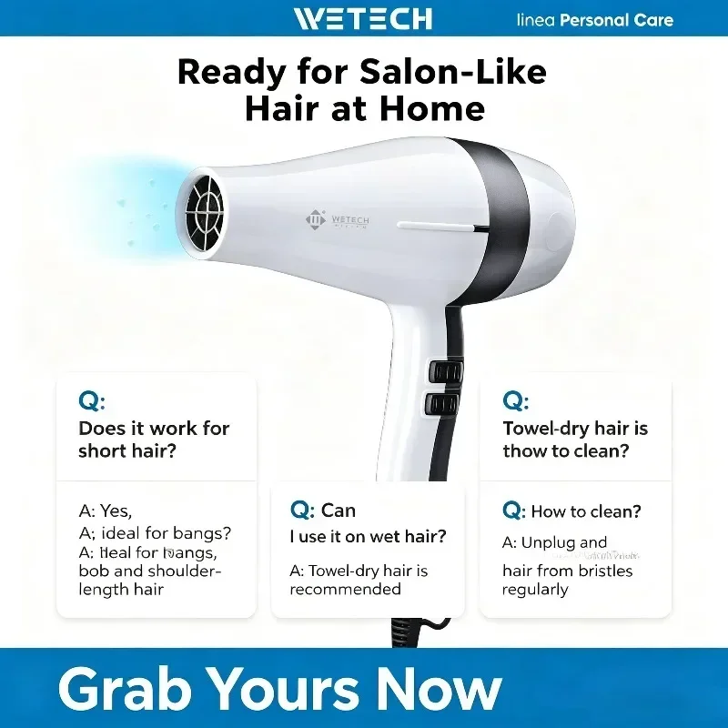 WETECH 2000W Professional Negative Ionic Hair Dryer Adjustable Temperature Speed Blow Dryer With Concentrator Nozzle Home Salon Hair Styling Tool 100-240V Dual Voltage