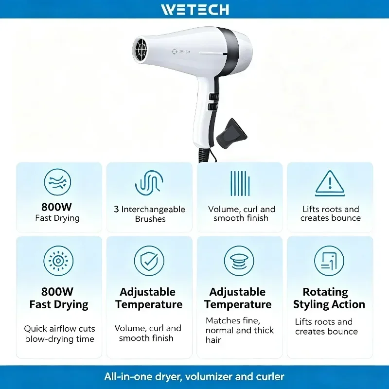 WETECH 2000W Professional Negative Ionic Hair Dryer Adjustable Temperature Speed Blow Dryer With Concentrator Nozzle Home Salon Hair Styling Tool 100-240V Dual Voltage