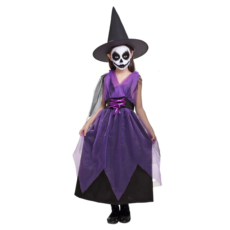 Girls Halloween Witch Costume Children Cosplay Vampire Dresses with Pointed Hat Kids Carnival Party Cosplay Fancy Dress