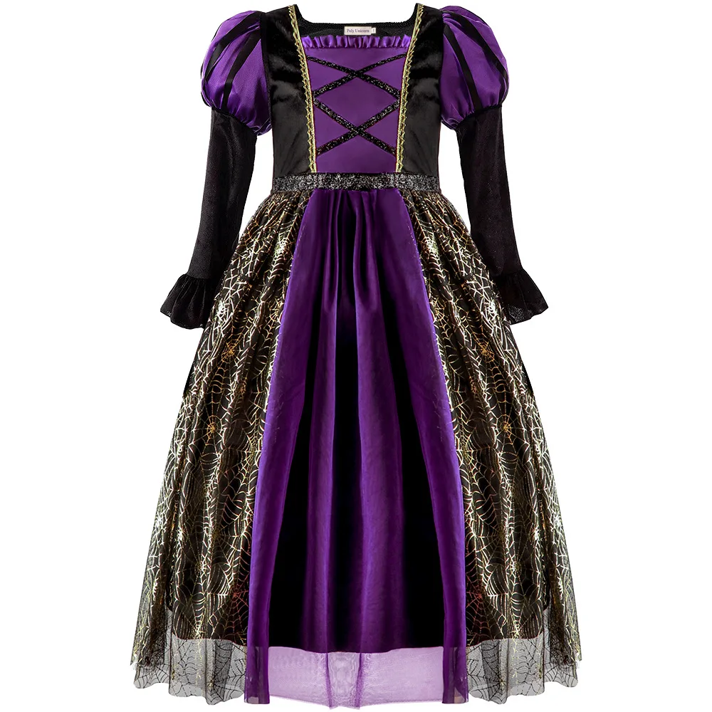 Girls Halloween Witch Costume Children Cosplay Vampire Dresses with Pointed Hat Kids Carnival Party Cosplay Fancy Dress