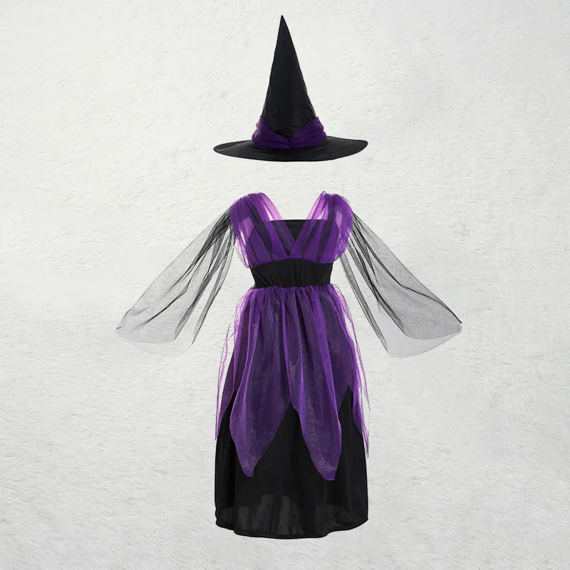 Girls Halloween Witch Costume Children Cosplay Vampire Dresses with Pointed Hat Kids Carnival Party Cosplay Fancy Dress