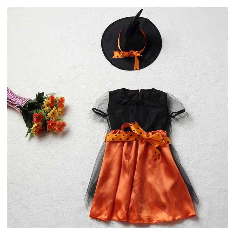 Girls Halloween Witch Costume Children Cosplay Vampire Dresses with Pointed Hat Kids Carnival Party Cosplay Fancy Dress