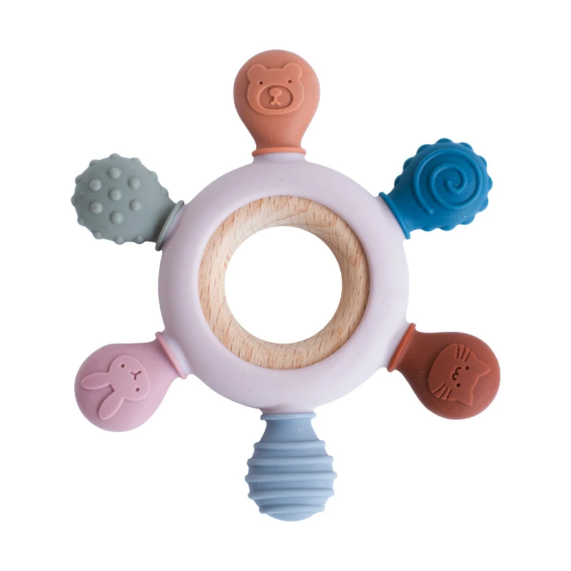 1pc Food Grade Baby Silicone Teether Rudder Shape Wooden Ring Teething Toys BPA Free Infant Chewing Nursing Toy Newborn Gifts