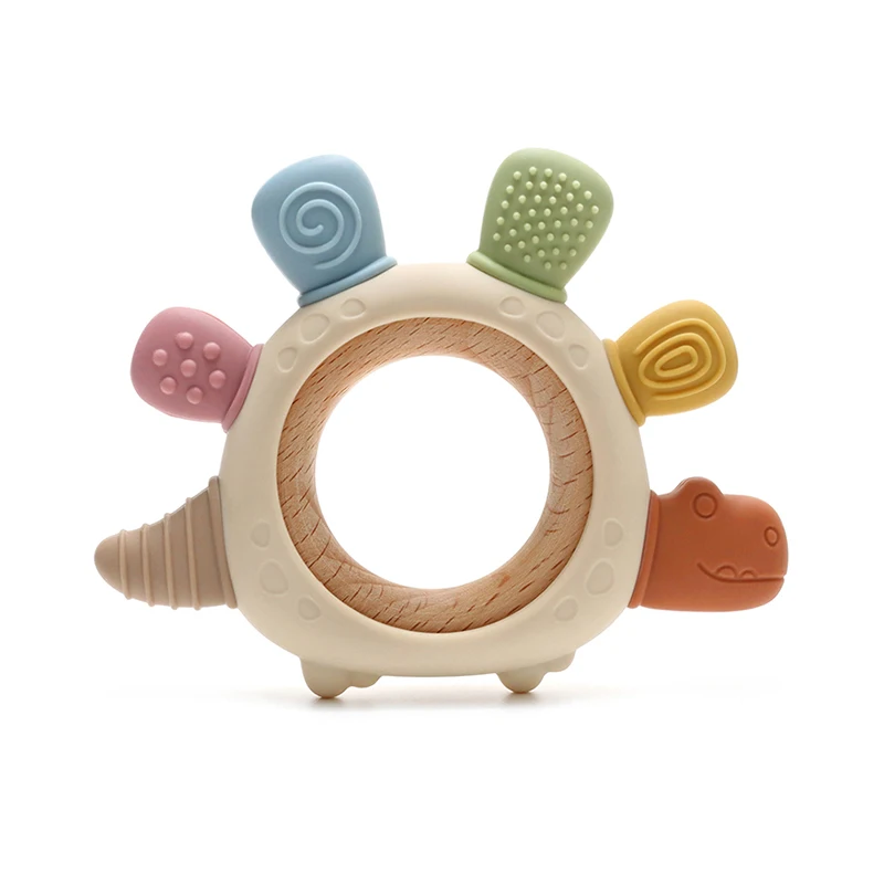 1pc Food Grade Baby Silicone Teether Rudder Shape Wooden Ring Teething Toys BPA Free Infant Chewing Nursing Toy Newborn Gifts